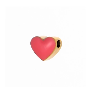 Detail of red enamel heart charm with golden metal edges and a convenient side hole