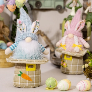 Detail of Easter gnome plush with bunny ears, knit hat and artificial long plush texture