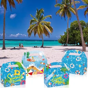 Set of four colorful summer beach themed paper gift boxes with convenient carry handles