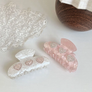 French Style Acetate Heart Hair Claw Clip Rhinestone Marble Texture Pink White Shark Clip Sweet Hair Accessories For Women
