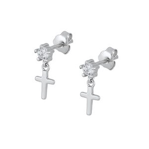 Elegant S925 sterling silver cross earrings featuring round cubic zirconia in silver finish