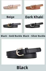 Detail of luxury thin PU leather belts in multiple colors with metal U-buckle for women