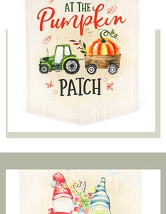 Detail of watercolor garden flags with festive pumpkin patch and Christmas gnome designs