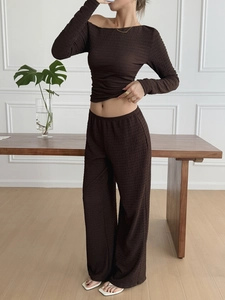 Women's two-piece casual set with off-shoulder long sleeve top and wide pleated trousers