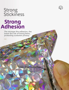 Macro shot of strong adhesive seal on holographic laser bubble mailer for secure shipping