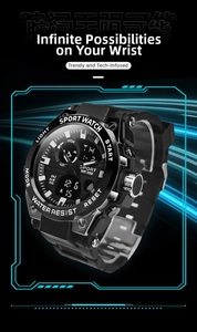 Macro shot of a dual-display sports watch dial showing its shockproof structure and water resistance