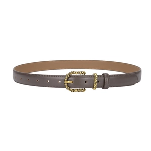 Brown leather belt for women featuring an intricate engraved gold buckle on white background
