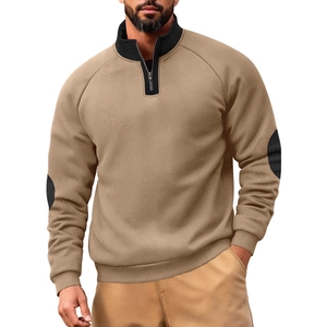Men's khaki half-zip fleece sweatshirt with black stand collar and elbow patches