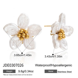 Detailed dimensions and specs for 18K gold-plated opal flower earrings in stainless steel