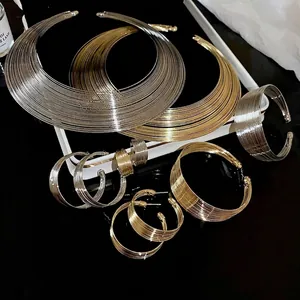Geometric Multi Layer Metal Jewelry For Women Gold Silver Electroplated Choker Necklace Statement Bracelet Ring Round Hoop Earrings Accessories