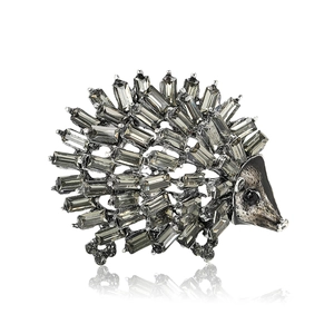 Exquisite hedgehog brooch in dark grey alloy with smoky grey crystal rhinestones