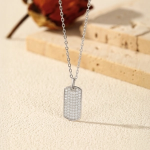 S925 sterling silver necklace with moissanite pave square pendant on a classic O-chain