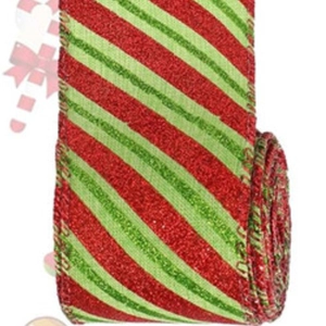 Ruban de Noël de 6,3 cm avec rayures rouges pailletées et bordure cousue verte