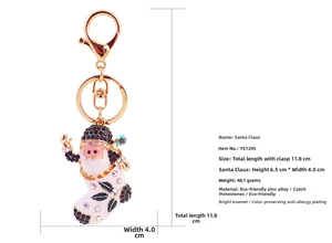 Detail view of Santa Claus boot keychain with zinc alloy and rhinestones material specs