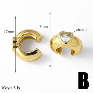 Detail view of 18k gold plated heart zircon ear cuffs with 17mm and 7mm size measurements