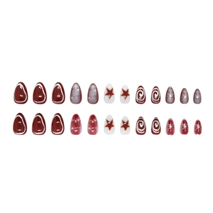 Deep red and silver star press on nails set with 3D line patterns and cat eye finish
