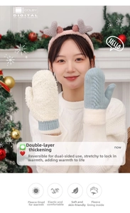 Detail view of thick fleece lining inside warm winter mittens in cream and light blue