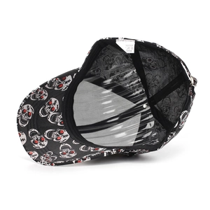 Detail of skull print baseball cap with red glitter eyes and internal shape support