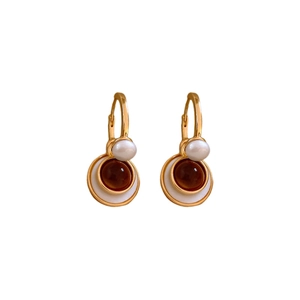 Vintage gold hoop earrings with white pearls and round brown tiger eye stone pendants