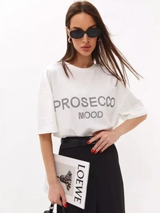 Γυναικείο Βαμβακερό Oversized T-Shirt Στρας Γράμματα Prosecco Mood Κοντομάνικο Στρογγυλή Λαιμόκοψη Casual Urban Chic Λευκό