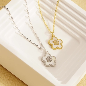 Collier Pendentif Fleur Élégant Acier Inoxydable Nacre Coquille Strass Bijoux Trèfle Pour Femmes