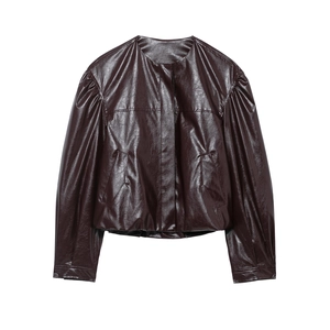 Women Faux Leather Bomber Jacket Round Neck Long Sleeve Zipper Loose Retro Streetwear Outerwear Wine Red