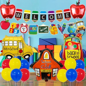 Back to School party decoration set with school bus balloons and colorful banners