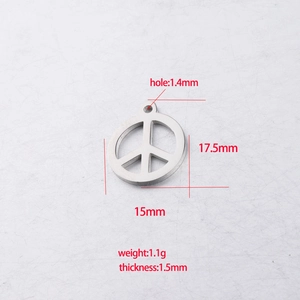 Pendentif symbole de paix en acier inoxydable poli avec mesures détaillées du produit