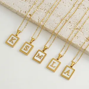 Initial Necklace 18K Gold Plated Stainless Steel Natural Shell Mother Of Artificial Pearl Rectangle Pendant Retro Style Women