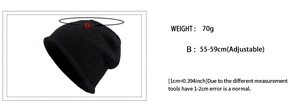 Detail chart of black knitted beanie with 70g weight and 55-59cm adjustable head size