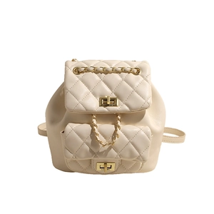 Quilted beige backpack with gold chain straps and stylish diamond pattern faux leather