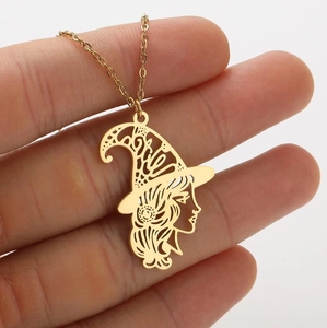 Golden stainless steel wizard pendant necklace with hollow female silhouette design