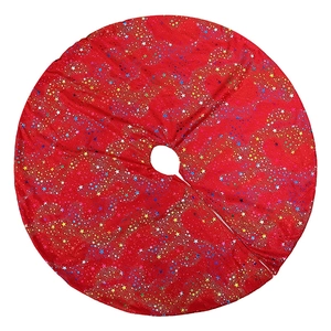 Classic red Christmas tree skirt with gold foil star patterns on white background