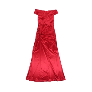 Detail of red off-shoulder satin gown showing waist twist knot and elegant silk texture