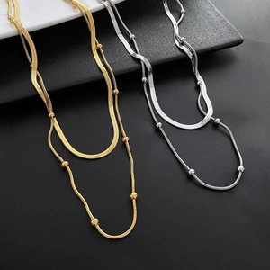 Double Layer Herringbone Snake Bone Chain Necklace For Women Titanium Stainless Steel Bead Chain Minimalist Jewelry