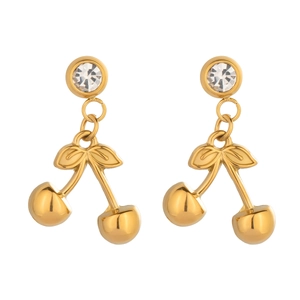 Detail of gold cherry earrings with leaves and sparkling round cut crystal studs