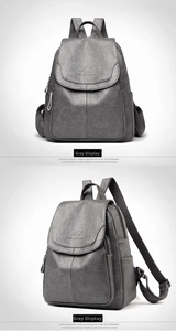 Detalle de mochila gris de piel sintética con solapa magnética y logo de canguro