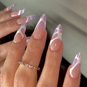 Purple White Gradient Almond Press On Nails Abstract Pattern French Style Removable Artificial Fingernails For Women