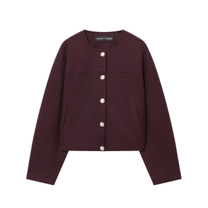 Damen Elegant Burgund Wolljacke Rundhals Goldene Reliefknopf Kurzmantel Lässig Langarm Oberbekleidung Für Herbst Winter