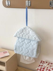 Detail of blue quilted heart tissue bag in house shape with hanging ribbon strap