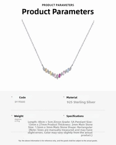 Detailed specs of S925 silver necklace featuring colorful V-shaped zircon pendant