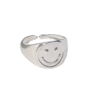 Adjustable silver titanium steel ring with iconic smiley face engraving for men and women