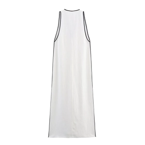 Minimalist white sleeveless linen blend maxi dress with black contrast trim piping