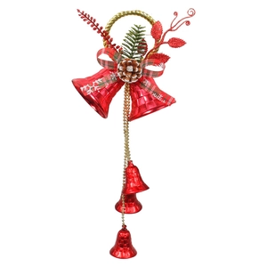 Christmas bell ornaments with red glitter leaves and a buffalo plaid pinecone bow