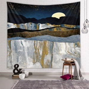 Detail of artistic mountain landscape tapestry with starry night and marble textures