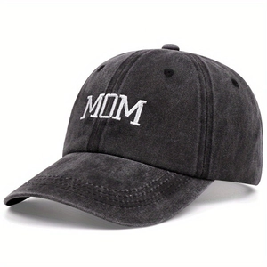 Classic charcoal grey washed cotton baseball cap with white MOM embroidery detail