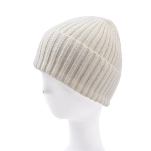 Classic cream ribbed knit beanie with thick fold-over cuff on a white display model