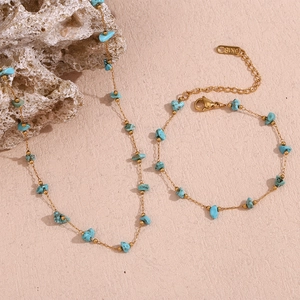 Irregular Blue Turquoise Stone Stainless Steel Necklace And Bracelet 18K Gold Plated Handmade Jewelry For Women
