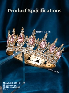 Detailed specs of luxury gold bridal tiara with pink stones, 5.5cm height and 150g weight