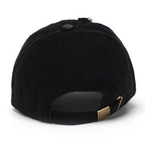 Black distressed baseball cap for large heads with adjustable bronze buckle back view